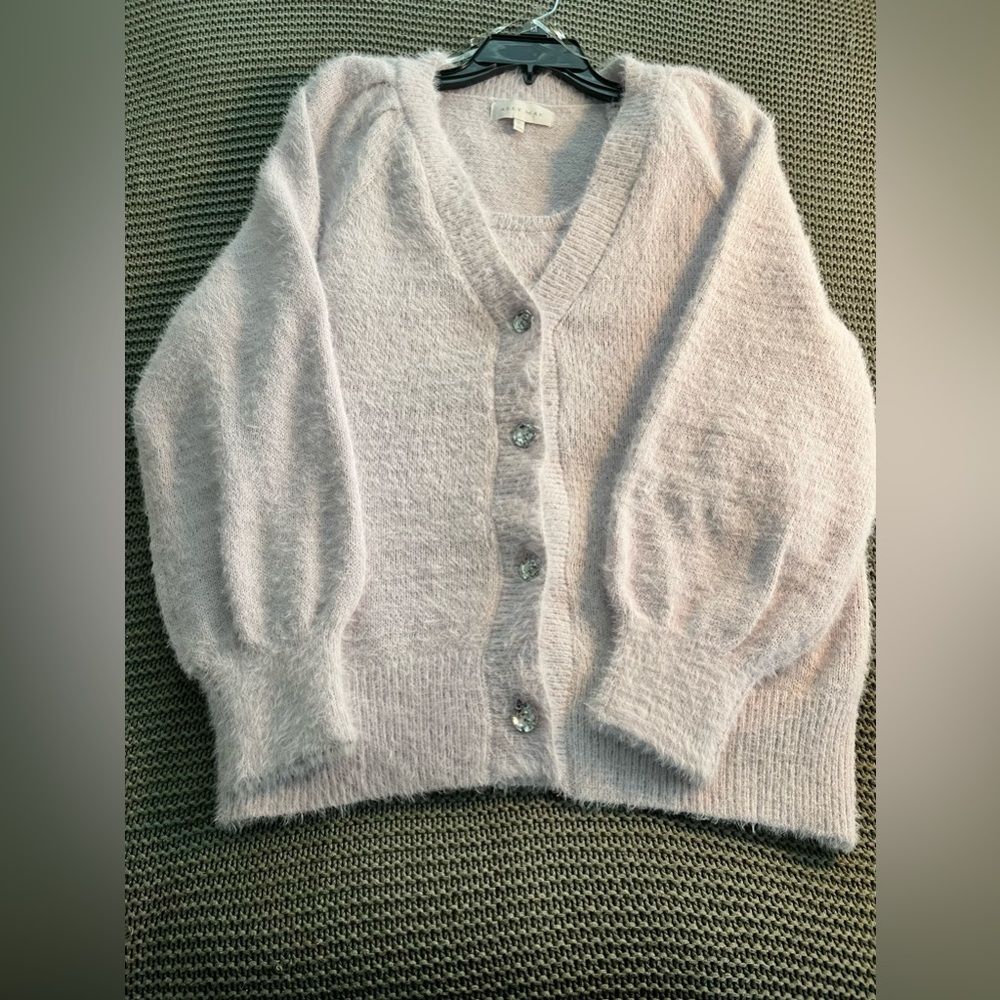 Purple fluffy sweater with diamond buttons and shirt set